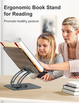 Tounee Book Stand for Reading, Adjustable Book Holder with 360° Swivel Base, Foldable Cookbook Stand Recipe Book Holder with Elastic Page Clips for Music Scores, Recipe, Tablet, Laptop-Gray tounee