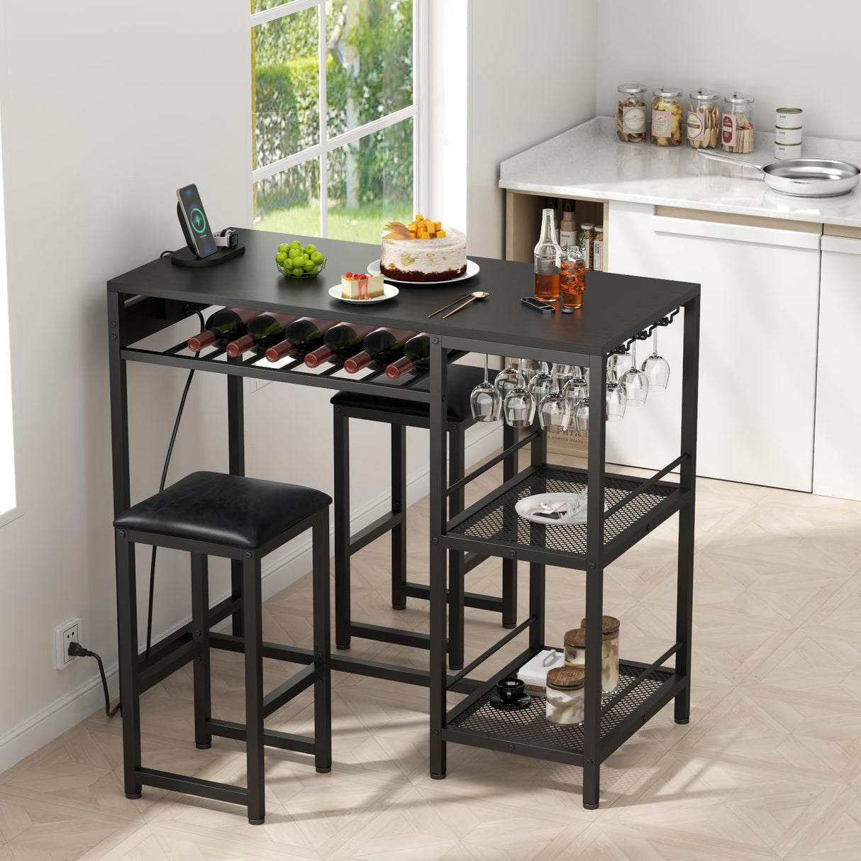 Gyfimoie Bar Table and Chairs Set with Power Outlet, Pub Table and Chairs Set for 2 with 2 Storage Shelves, 3 Piece Table Set with Wine Rack&Glass Holder for Living Room,Dining Room,Small Apt (Black) Gyfimoie