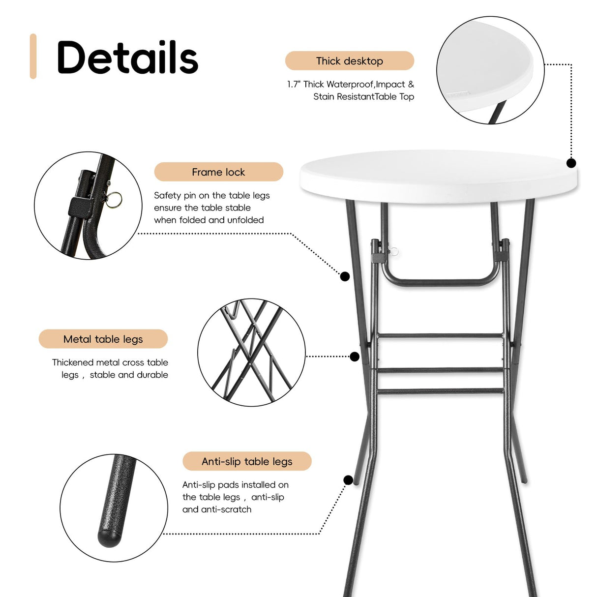 Cocktail Table 28in Portable Folding Bar Height Table, Compact Round High Top Plastic & Steel Bistro with Removable Legs, for Indoor Outdoor RV Patio Catering Parties Commercial Events pollilar