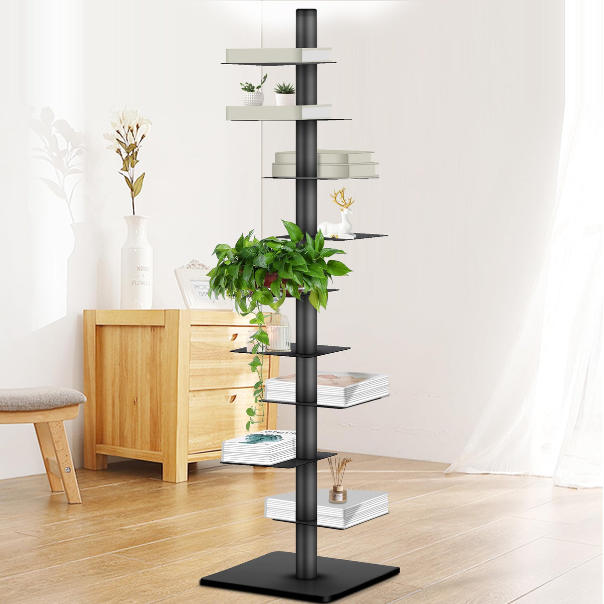 9 Tier Metal Vertical Bookshelf Tower, Freestanding Invisible Spine Bookshelf, Tall Ladder Bookcase Floating Shelf for Small Spaces, Modern Storage Corner Shelf for Living Room, Office, Bedroom Decor GENMOUS & CO.
