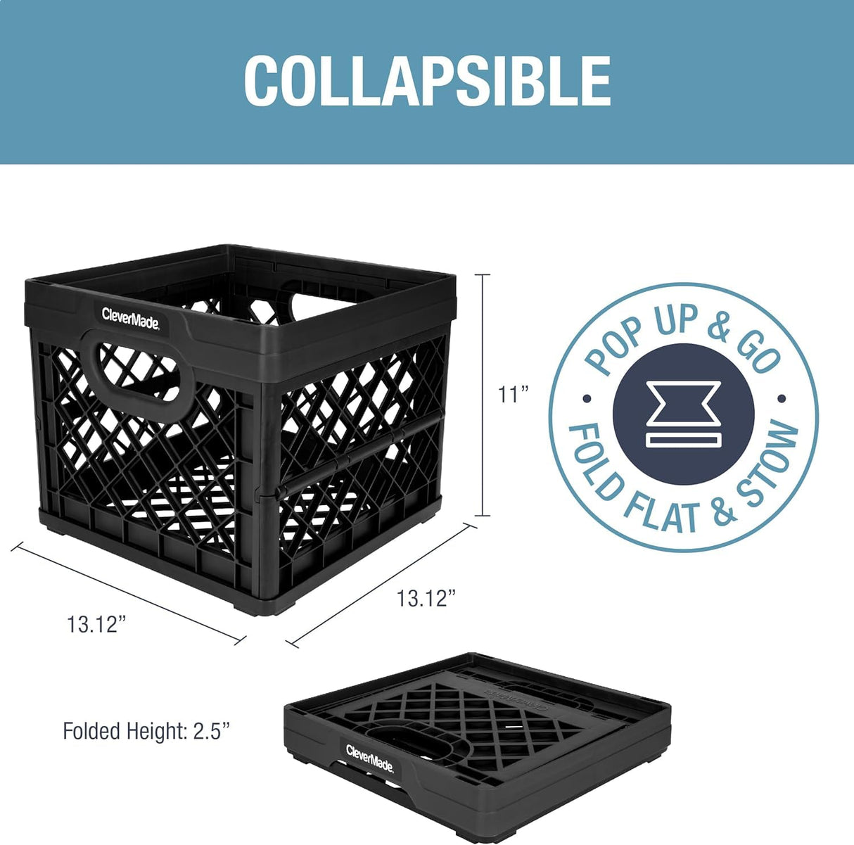 CleverMade Collapsible Milk Crate, Obsidian, 1PK - 25L (6 Gal) Stackable Storage Bins, Holds 50lbs Per Bin - Clevercrates are Heavy Duty, Plastic Collapsible Storage Crate for Multi Purposes CleverMade