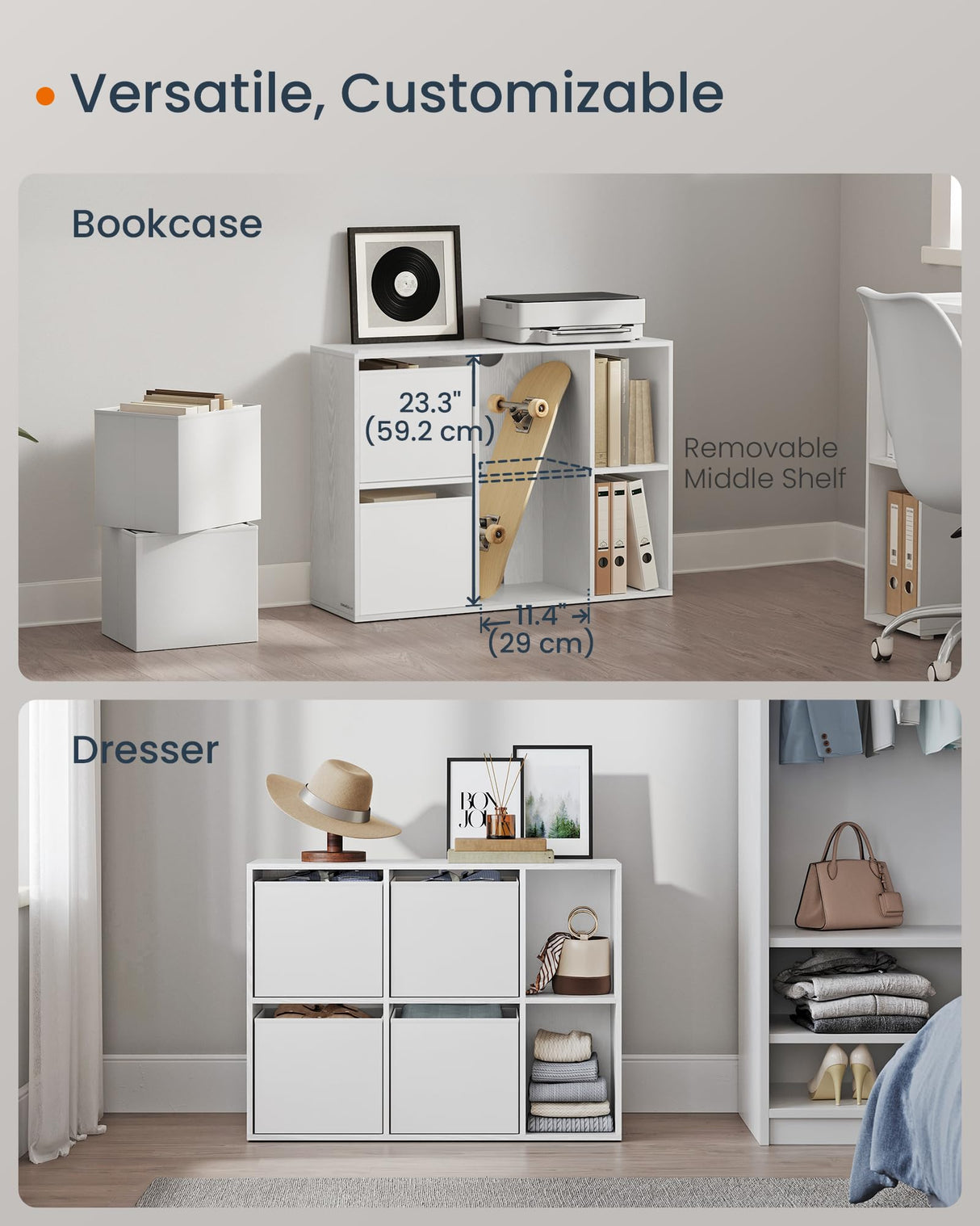 SONGMICS HOME Superfast Toolless Assembly, Bookshelf, Cube Storage Organizer, Shelving Unit, 6 Compartments, 4 Fabric Drawers, 10.6 x 32.7 x 24.3 Inches, Snow White ULBC196W01 SONGMICS HOME