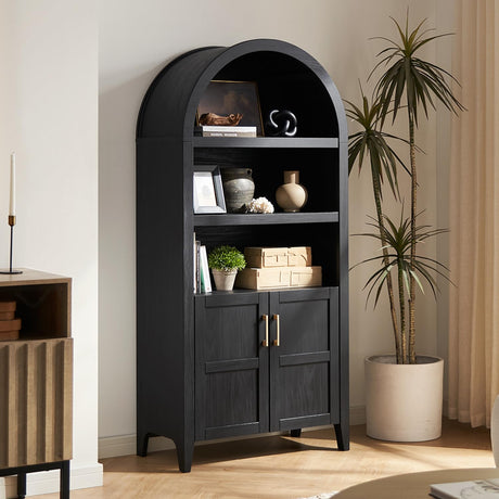 mopio Lauren 65.4" Short Arched Cabinet, 5-Tier Arched Bookcase with Doors and Shelves, Mini Arched Bookshelf with Storage, Kitchen Pantry Cabinet, Wooden Storage Cabinet for Living Room (Black) mopio