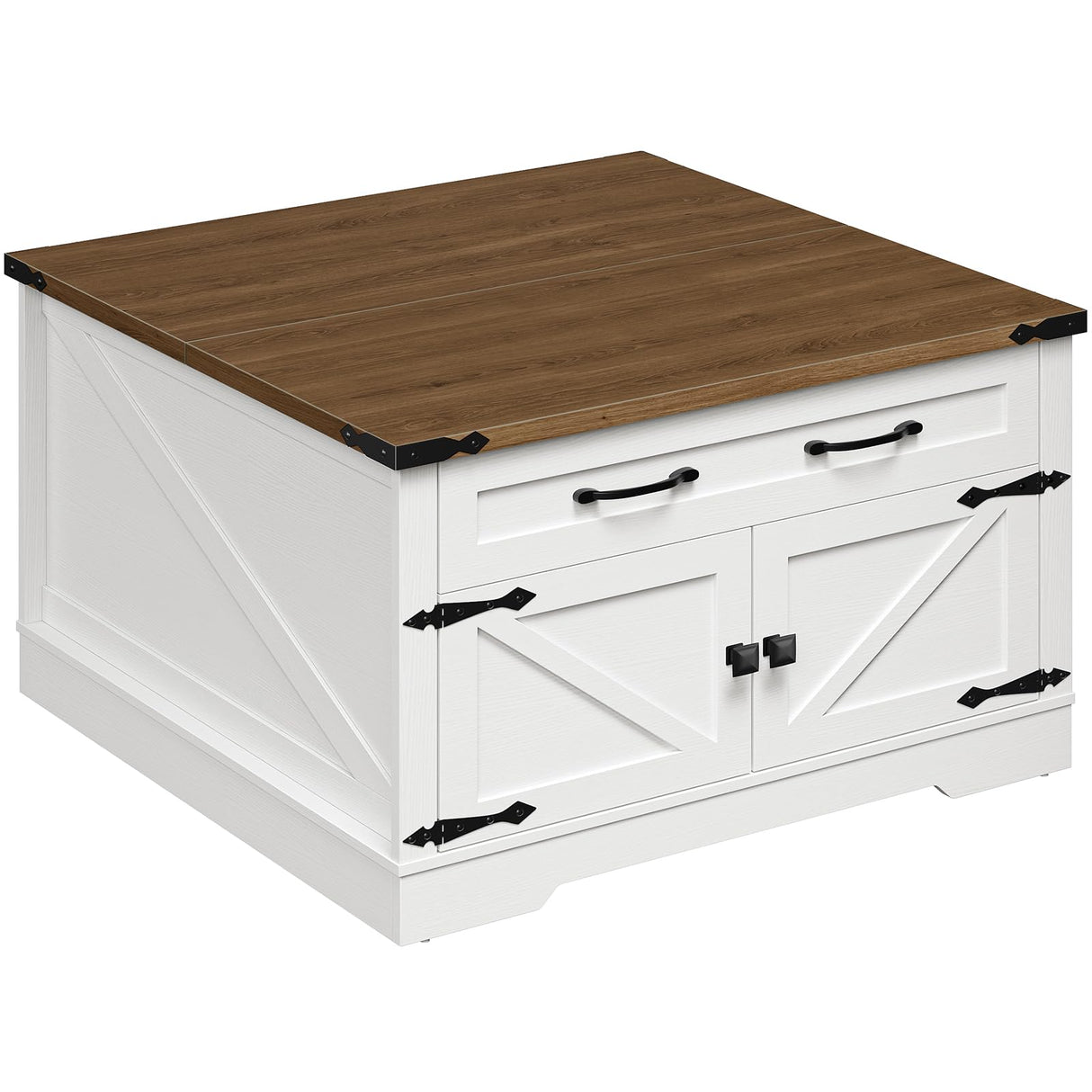 RALGEND Farmhouse Lift Top Coffee Table with Storage, Square Wooden Center Table with Drawers for Living Room, Rustic Coffee Table with Hidden Compartment, White and Walnut