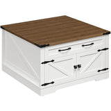 RALGEND Farmhouse Lift Top Coffee Table with Storage, Square Wooden Center Table with Drawers for Living Room, Rustic Coffee Table with Hidden Compartment, White and Walnut