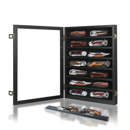 YRCKUDZKG Knife Display Case for Collections, Pocket Knife Display Case with HD Tempered Glass, Lockable Storage Cases with Removable Shelves, Wall-Mounted 7-Layer Wood Cabinet, Black