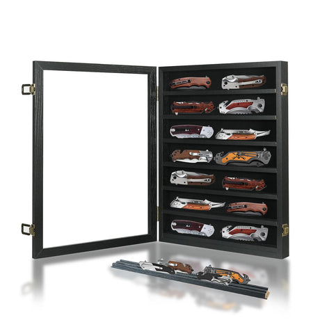 YRCKUDZKG Knife Display Case for Collections, Pocket Knife Display Case with HD Tempered Glass, Lockable Storage Cases with Removable Shelves, Wall-Mounted 7-Layer Wood Cabinet, Black YRCKUDZKG