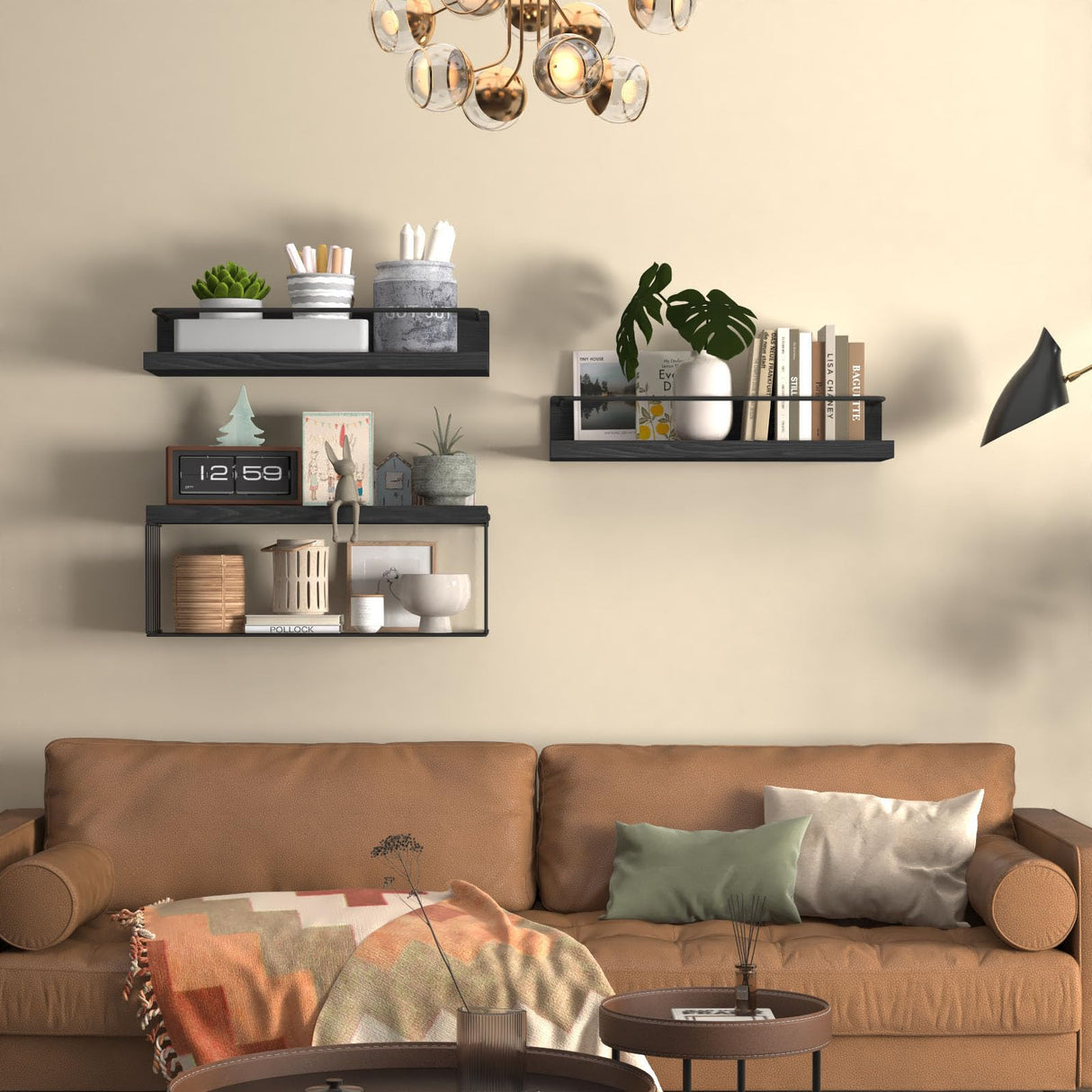 PopiShelves Bathroom Shelves Over Toilet for Wall, Floating Shelves with Storage Basket Paper Holer for Kitchen Living Room, Bedroom & Classroom, Set of 3 (Black) PopiShelves