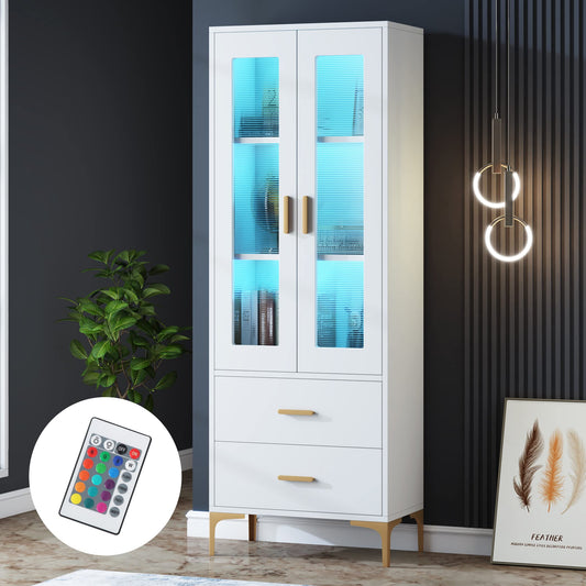 Tribesigns White Bookcase with LED Light and Drawers - Versatile Tall Storage Cabinet - WoodArtSupply