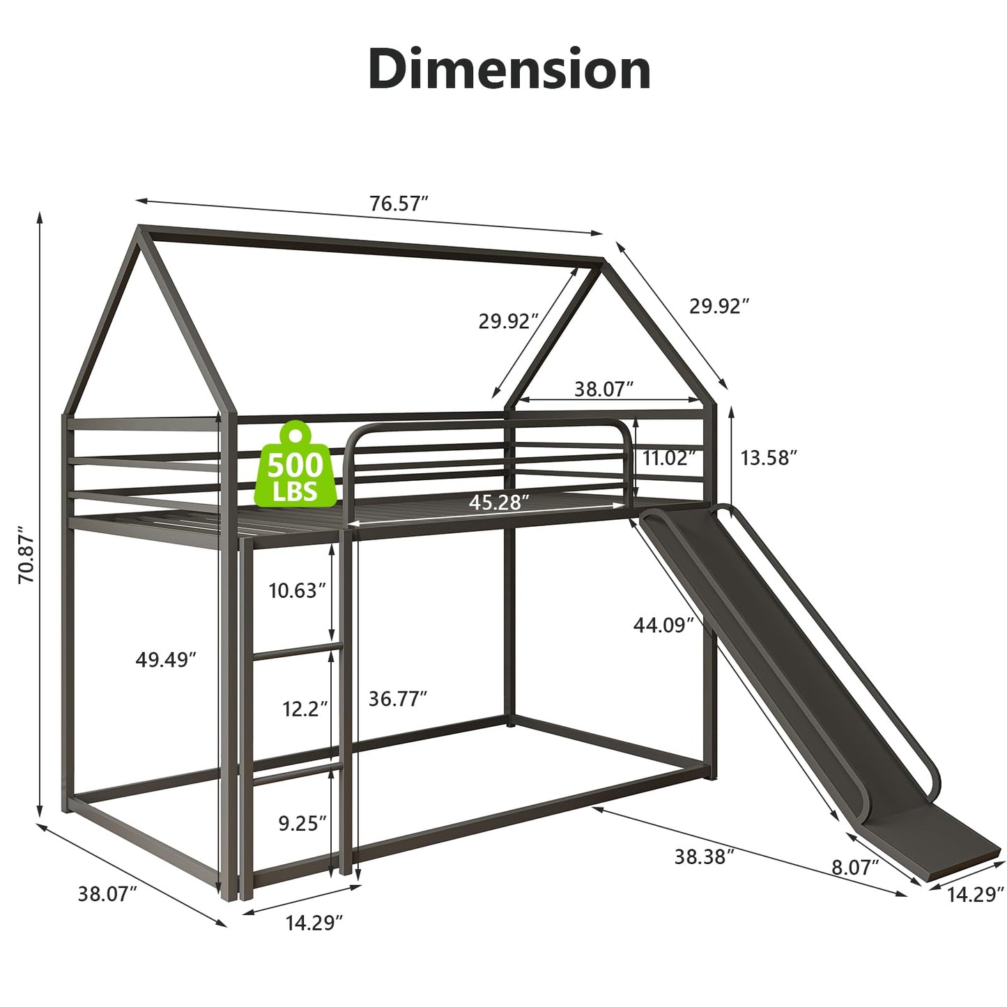 YIORTWO Twin-Over-Twin Low Metal Bunk Bed with Convertible Slide, Montessori Floor Bunk Bed Frame with Curved Edges Guardrail, Heavy Duty Metal Bed with House Shape and Roof for Kids, Black