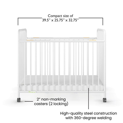 Child Craft Little Dreamer Metal Compact Folding Portable Crib with 2” Crib Mattress and 2 Easy Roll Locking Wheels, Durable Metal Construction, Easy to Clean (White)