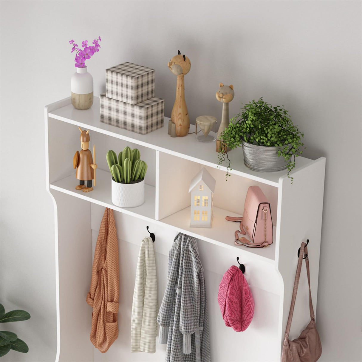 MilleLoom Hall Tree with Shoe Storage, 4-in-1 Coat Rack with 7 Shoe Cubbies & 7 Coat Hooks, Farmhouse Entryway Bench Mudroom Storage Cabinet for Hallway, 42" W x 15.7" D x 77" H, White MilleLoom