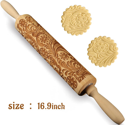 Embossed Wooden Rolling Pin with Carved Natural Wood and Snowflake Flower Pattern for New Year and Valentine's Day Baking. Cute Kitchen Tool for Kids and Adults to Emboss Cookies