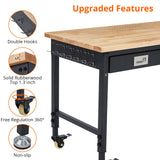 ACONEE Adjustable Height Workbench, 48" Heavy Duty 2000 LB Load Capacity, Solid Rubber Wood Top, Sturdy Metal Frame, Workstation with Drawer & 4 Rolling Casters, Power Outlets for Garage Workshop ACONEE
