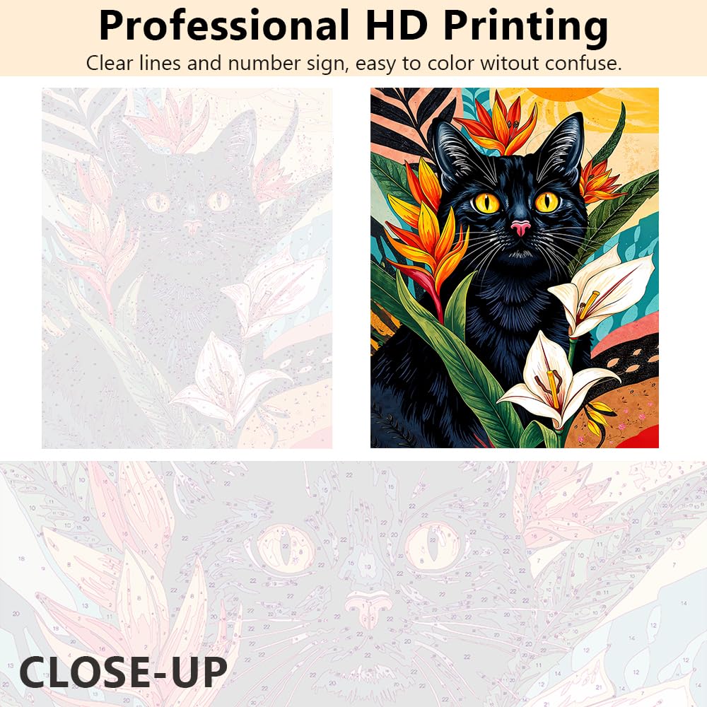 TUMOVO Black Cat Paint by Number Kits for Adults Beginners,Abstract Animal Paint by Numbers Kits,DIY Calla Lily Blossom Plants Paint by Numbers Kits on Canvas for Home Wall Decor 16x20inch Frameless TUMOVO