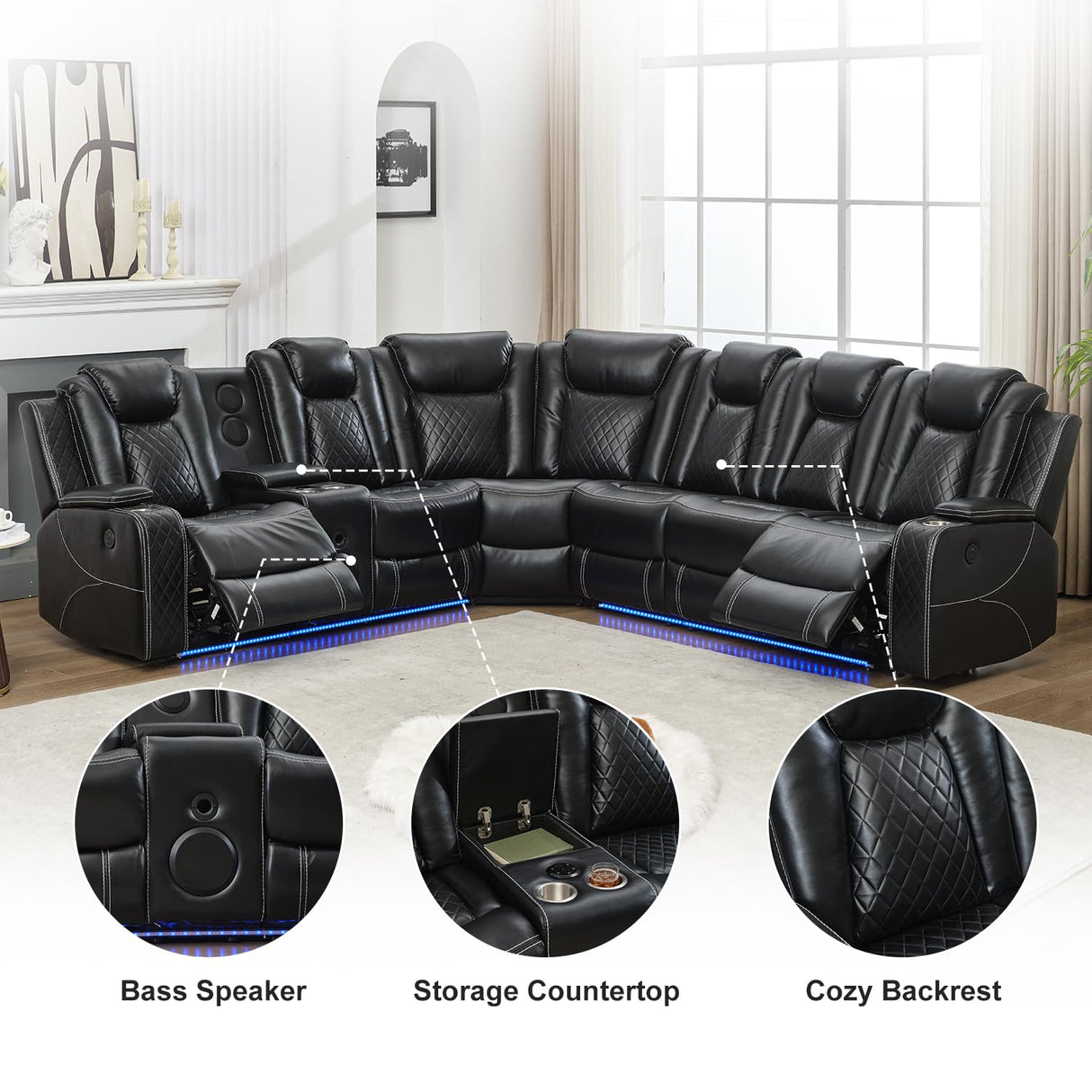 Power Recliner Sectional Sofa with Bass Speaker,Wireless Charger,Electric Reclining Sectional Sofa with 2 Faux Leather Recliner,LED Strip,Reading Light,Type-C USB Port,Cup Holder,Storage Console Black Comfort Stretch