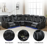 Power Recliner Sectional Sofa with Bass Speaker,Wireless Charger,Electric Reclining Sectional Sofa with 2 Faux Leather Recliner,LED Strip,Reading Light,Type-C USB Port,Cup Holder,Storage Console Black Comfort Stretch