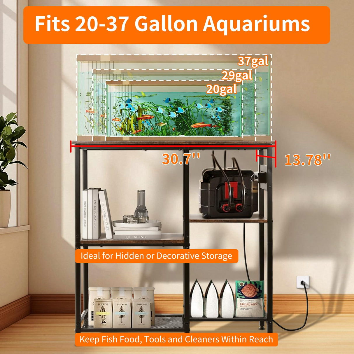 20-29-37 Gallon Fish Tank Stand with 3 Power Outlet 2 USB Port, Metal Aquarium Stand with 4-Tier Adjustable Storage Shelves, 30''L* 13''W*30''H Reptile Tank Stand, Fish Tank Table, 500lbs Capacity SECOCTSR