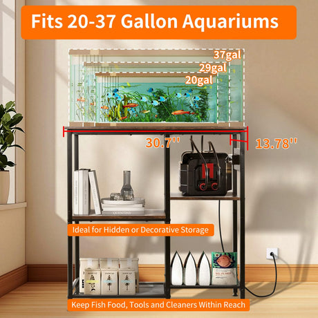 20-29-37 Gallon Fish Tank Stand with 3 Power Outlet 2 USB Port, Metal Aquarium Stand with 4-Tier Adjustable Storage Shelves, 30''L* 13''W*30''H Reptile Tank Stand, Fish Tank Table, 500lbs Capacity SECOCTSR
