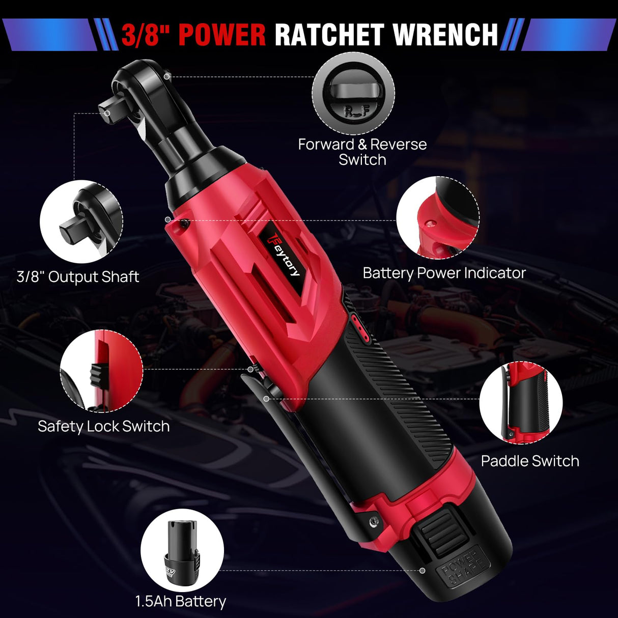 Cordless Electric Ratchet Wrench Set, 3/8" Ratchet Wrench, 12V Power Ratchet Driver with Fast Charger and 300 RPM Speed, 7 Sockets Cordless Ratchet Set with 2*1500 mAh Batteries for Table, Bike, DIY Yiyai