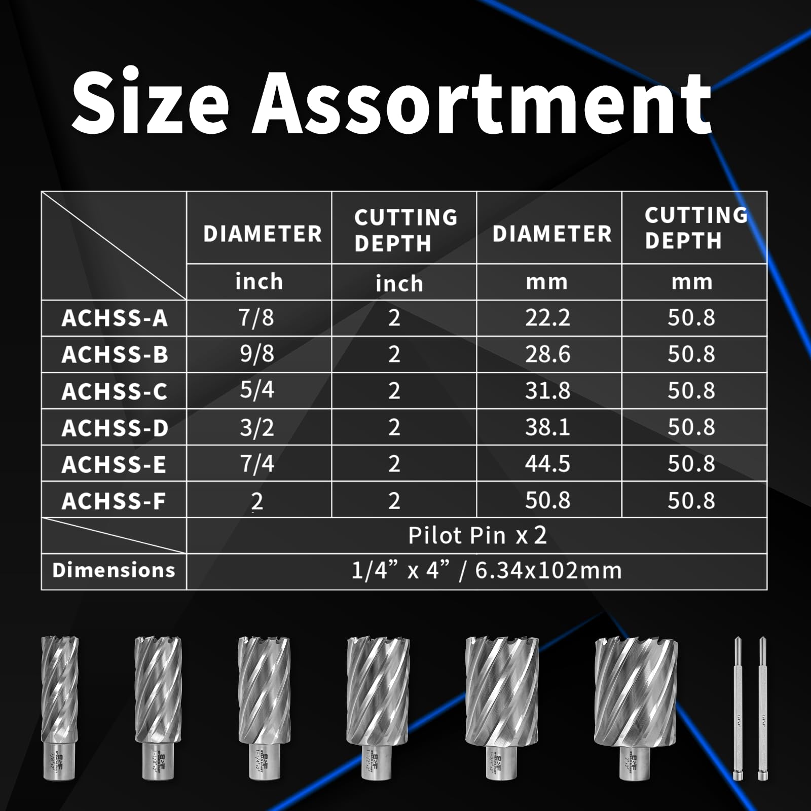 S&F STEAD & FAST Annular Cutter Set, 2 inch Depth of Cut, 7/8, 1-1/8, 1-1/4, 1-1/2, 1-3/4, 2" Cutting Diameter, 3/4 Weldon Shank, Mag Drill Bits Kit for Magnetic Drill Press - WoodArtSupply