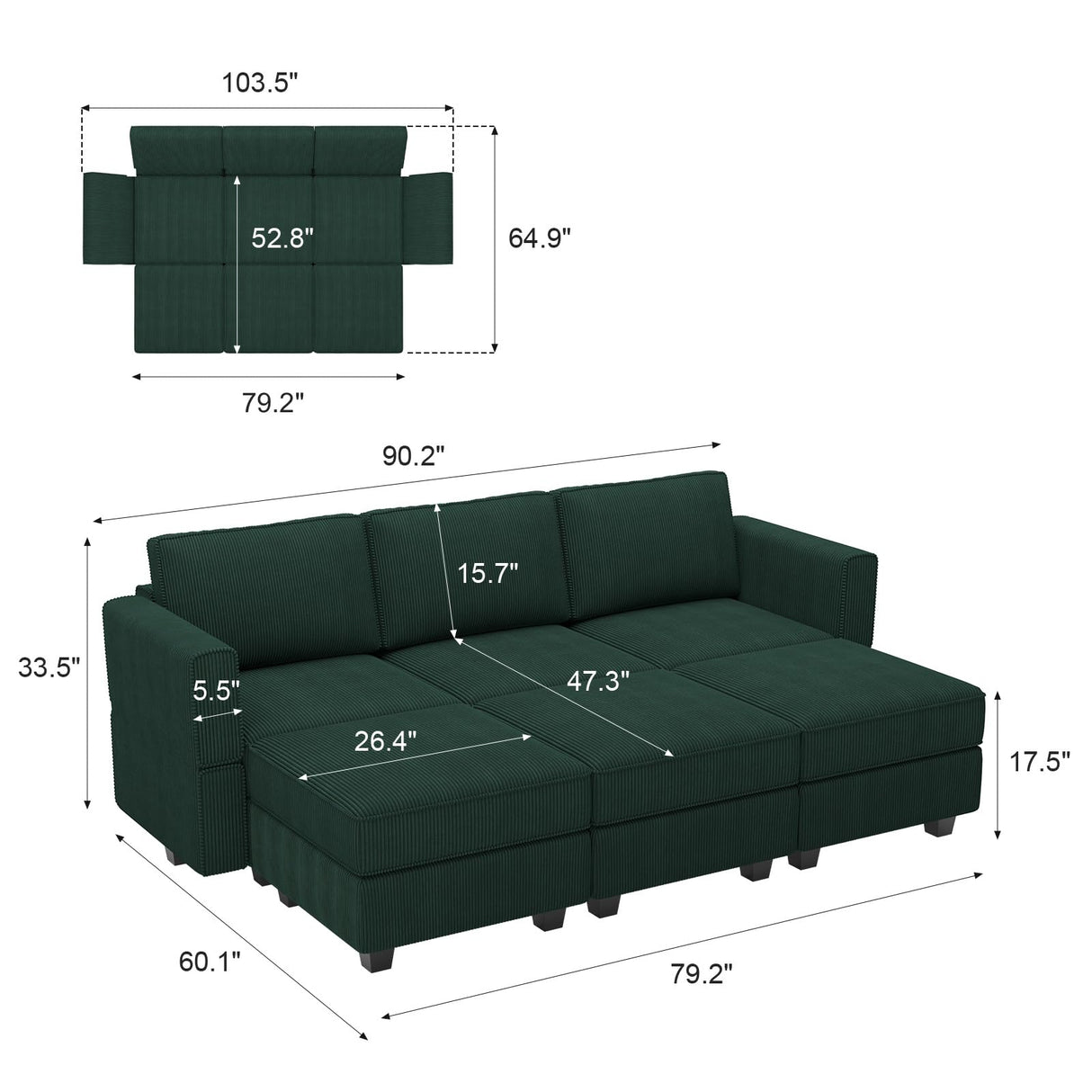 Belffin Modular Sectional Sofa with Storage Ottoman Seats, Corduroy Convertible Modular Sofa Bed Sectional Couch for Living Room, Green Belffin