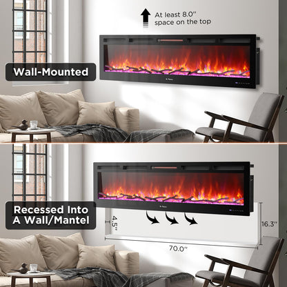 TURBRO 72” Smart WiFi Infrared Electric Fireplace with Sound Crackling and Realistic Flame, 1500W Quartz Heater, Recessed or Wall Mounted, Adjustable Flame Effects, Remote Control and App, in Flames