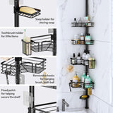 SWTYMIKI Shower Caddy Tension Pole - 4-Tier Corner Shower Organizer Tension Rod with Soap Holder, Toothbrush Holder & 4 Hooks, Adjustable Stainless Steel Bathroom Organizer 27.6 to 108.3 inch, Black SWTYMIKI
