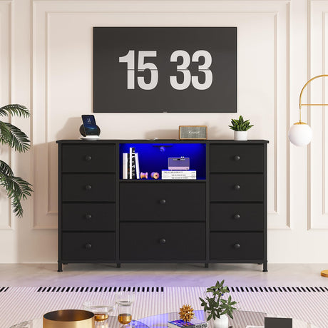 LDTTCUK Dresser with Charging Station and LED Lights, Long Dresser for Bedroom Dresser TV Stand with 10 Drawers, Fabric Chest of Drawers with PU Finish, Wide Dresser Storage Organizer, Black LDTTCUK