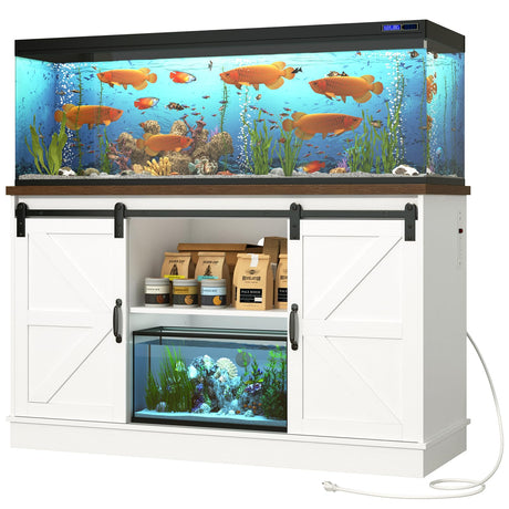 Hlivelood Farmhouse 55-75 Gallon Fish Tank Stand with Power Outlet, Aquarium Stand with Cabinet&Sliding Barn Door, Heavy Duty Reptile Tank Stand for 2 Fish Tank/Turtle Tank/Reptile Terrarium, White Hlivelood
