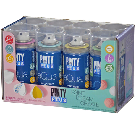 Spray Paint for Arts & Crafts, Water Based Pintyplus Aqua Mini, 4.2oz cans, 8 Piece Pastel Artist Set, Pink Bubble Gum, Light Orange, Yellow Chick, Apple Green, Ice Blue, Lavanda Violet, Black King, White Lady PINTY PLUS