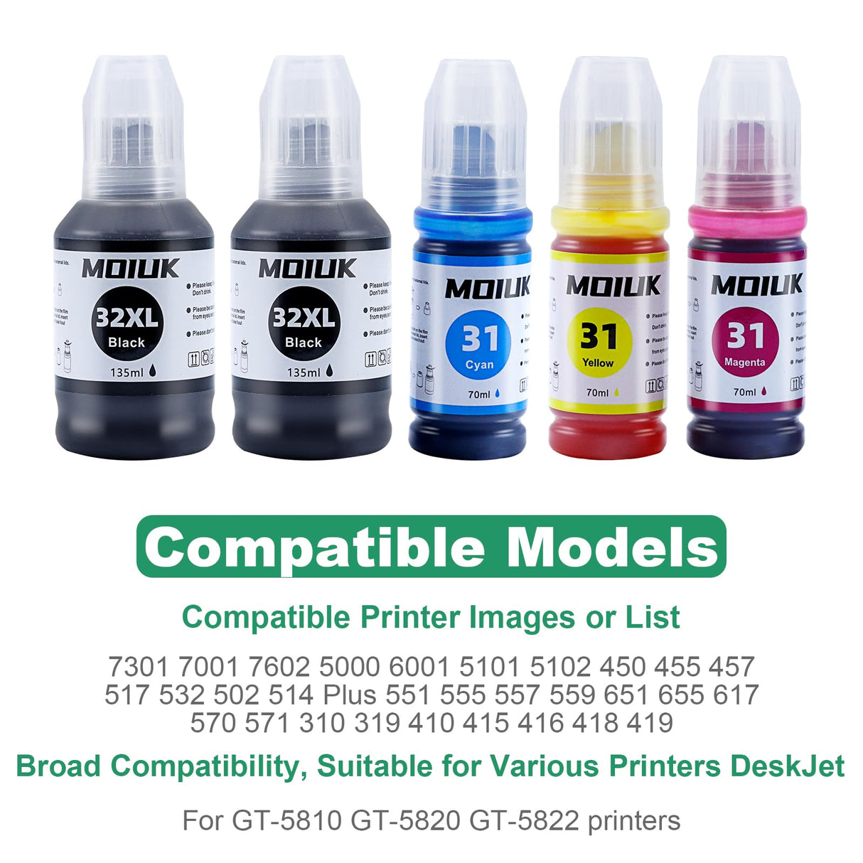 High Capacity Compatible with HP 31 32XL Ink Refill Bottles Set for HP Smart Tank 7301, 7602, 5000, 6001, 5101 5102 Plus 651 551 455 457 450 All-in-One Ink-Tank (5 Bottles: 2BCMY) MOIUK