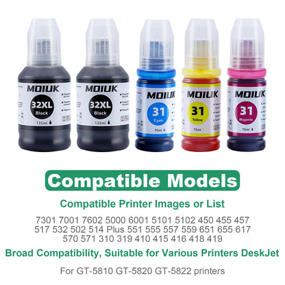 High Capacity Compatible with HP 31 32XL Ink Refill Bottles Set for HP Smart Tank 7301, 7602, 5000, 6001, 5101 5102 Plus 651 551 455 457 450 All-in-One Ink-Tank (5 Bottles: 2BCMY)