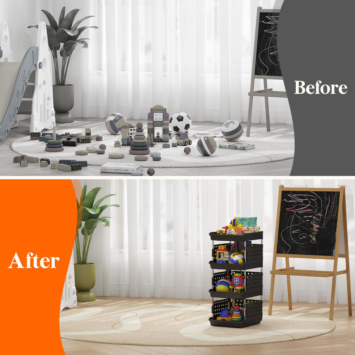 Lifewit Plastic Stackable Storage Baskets, 4 Tier Stacking Bins 13.8"D x 11.8"W x 28.3"H, Large Capacity Multi-Functional Containers Shelves for Pantry, Playroom, Kitchen and Bedroom, 1 Pack, Black Lifewit