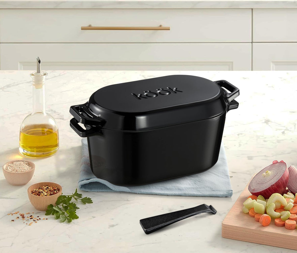KooK Dutch Oven, Oven for Sourdough Bread Baking, with Lid, Dual Handles, Enameled Cast Iron, includes Lid Lever, Great for Baking Bread, Cooking and Roasting, Dishwasher Safe, 3.4 Qt, Black KooK