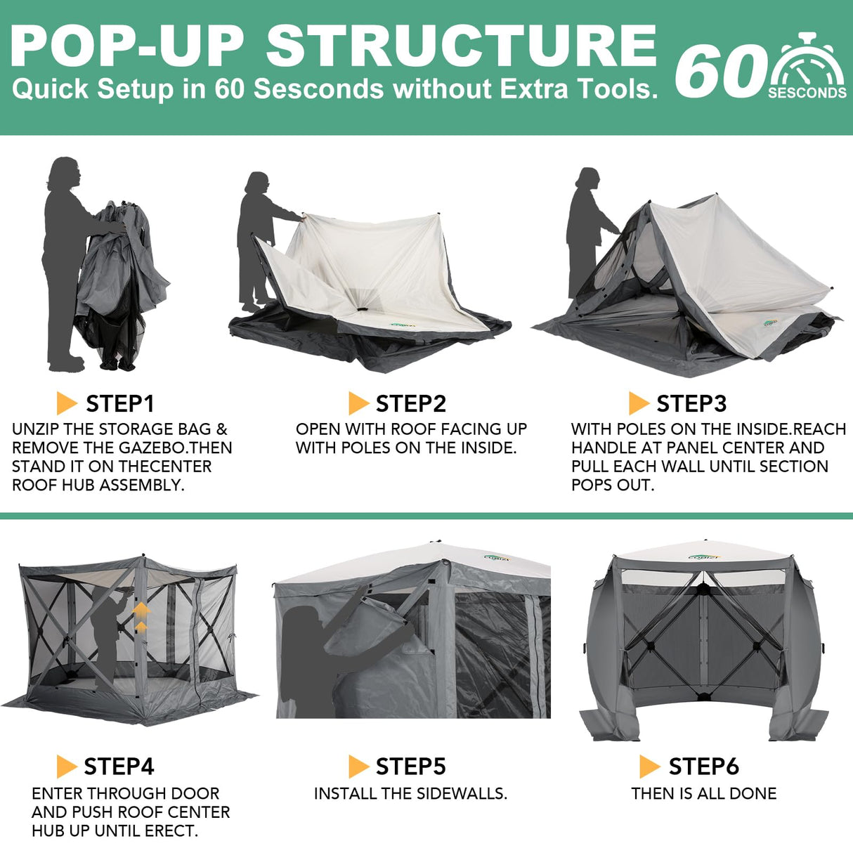 COBIZI 10x10ft Pop up Gazebo Screen House for Camping, Pop-up Camping Canopy Tent with Sidewalls,Portable Outdoor Quick-Set Hub Tent with Carrying Bag&Ground Stakes,Gray(Upgraded 2.0) COBIZI