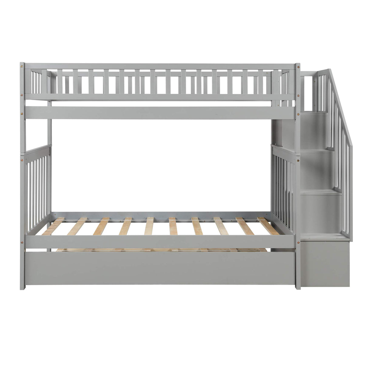 Merax Twin Over Twin Bunk Bed with Trundle, Storage Staircase and Full Length Guardrail, Solid Wood Stairway Bunk Bed, No Spring Box Needed (Grey) Merax