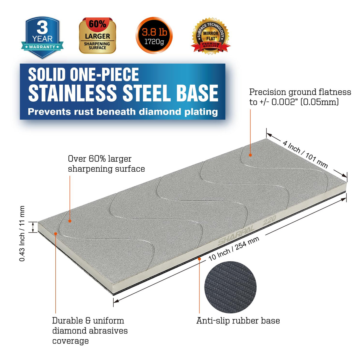SHARPAL 145H 10 x 4 Inch Diamond Lapping Plate, Whetstone Flattener, Extra Coarse 220 Grit for Coarse Sharpening and Flattening Stones, Fix & Re-levelling any Whetstone and Sharpening Stones SHARPAL