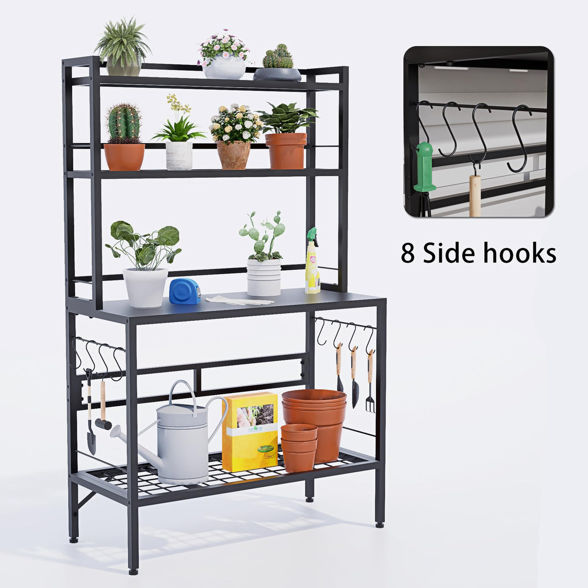 FUXJUM 63” Metal Potting Bench&Table with Metal Tabletop, 4-Tier Plant Shelves, 8 Side Hooks, Outdoor/Indoor Gardening Workstation and Plant Stand, Black FUXJUM