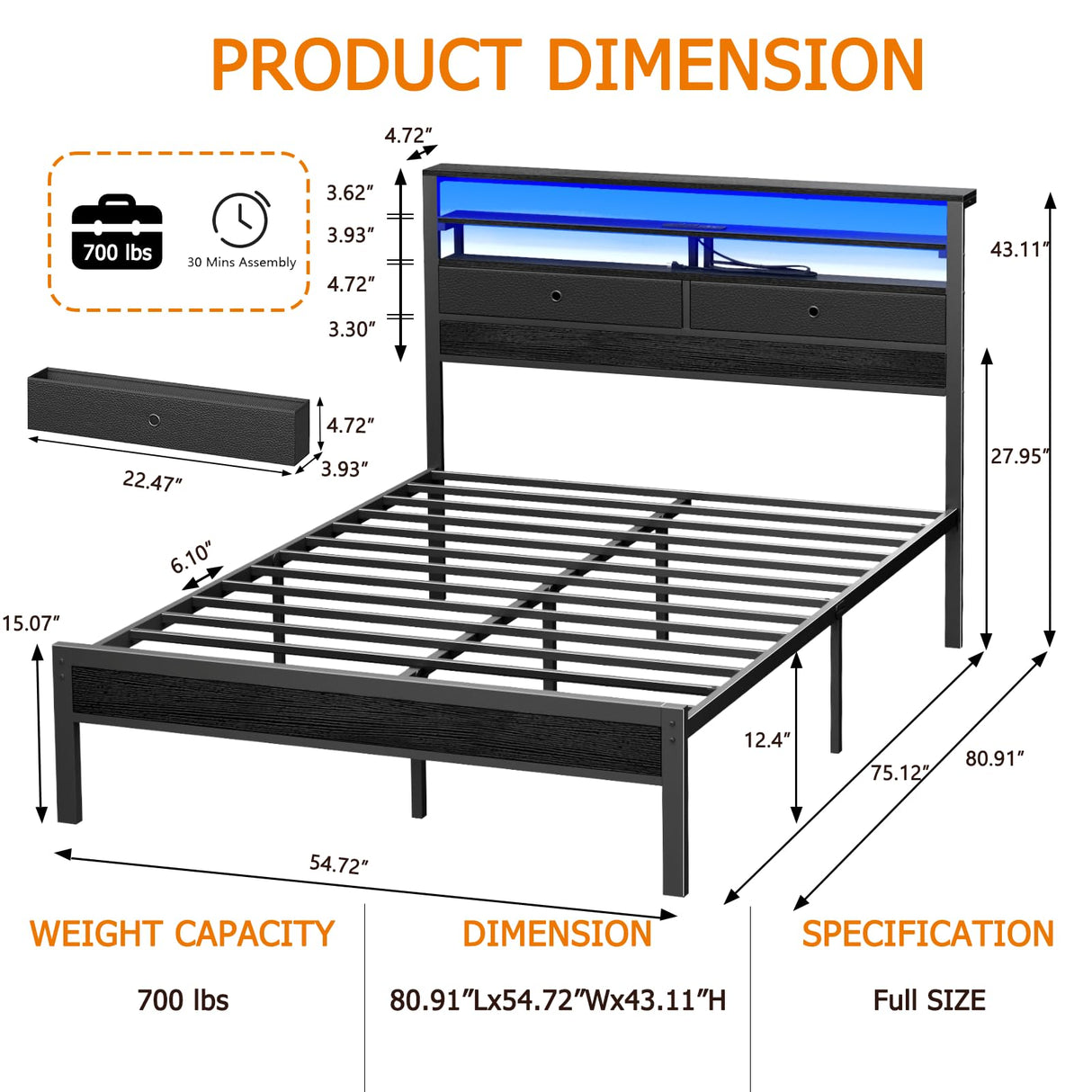 Furnulem Full Size Bed Frame with Headboard & 2 Fabric Drawers, Full Platform Bed Featuring LED Lights, Built-in Charging Station & Storage Shelves, Metal Slats, No Box Spring Needed – Black Oak Furnulem
