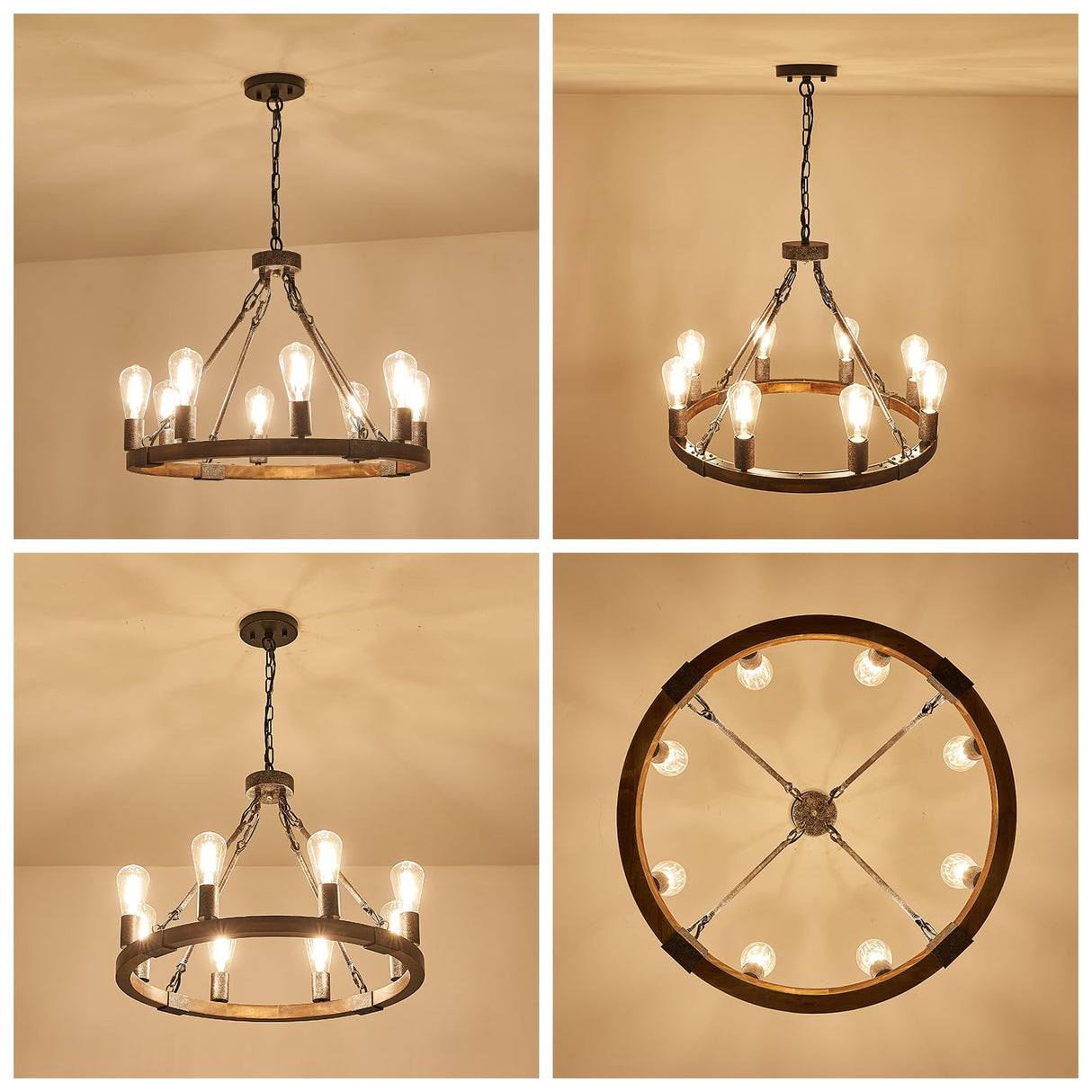 Benkut Farmhouse Wagon Wheel Chandelier 23.6" Black Rustic Light Fixtures 8-Light Wood Round Chandelier for Dining Room Kitchen Entryway Foyer Benkut