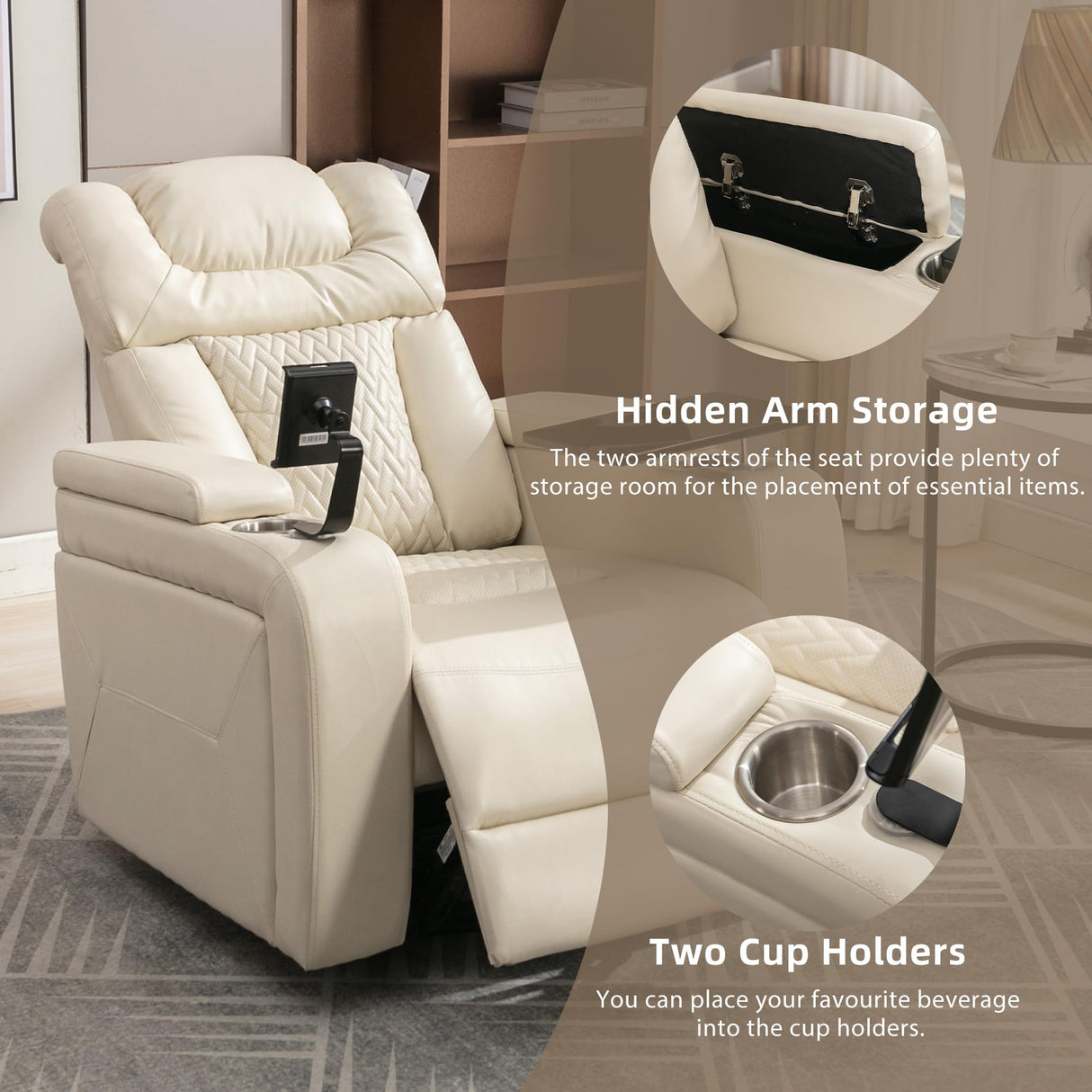 Merax 270 Degree Swivel PU Leather Power Recliner Individual Seat Home Theater Recliner with USB Port, Comforable Backrest, Cup Holder, Removable Tray Table, Hidden Arm Storage for Living Room, White Merax