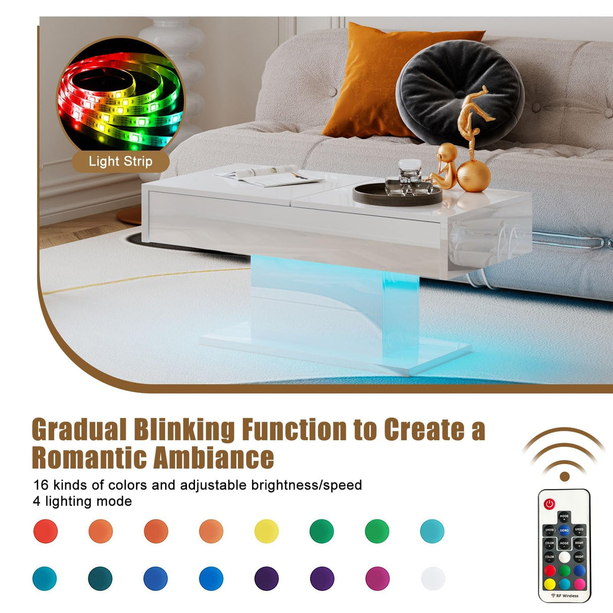 HedoAjim White LED Coffee Table with Storage for Living Room, Living Room Table Rectangular Center Table, Modern High Glossy Wooden Coffee Tables with 16 Colors LED Lights for Dining Reception Room HedoAjim