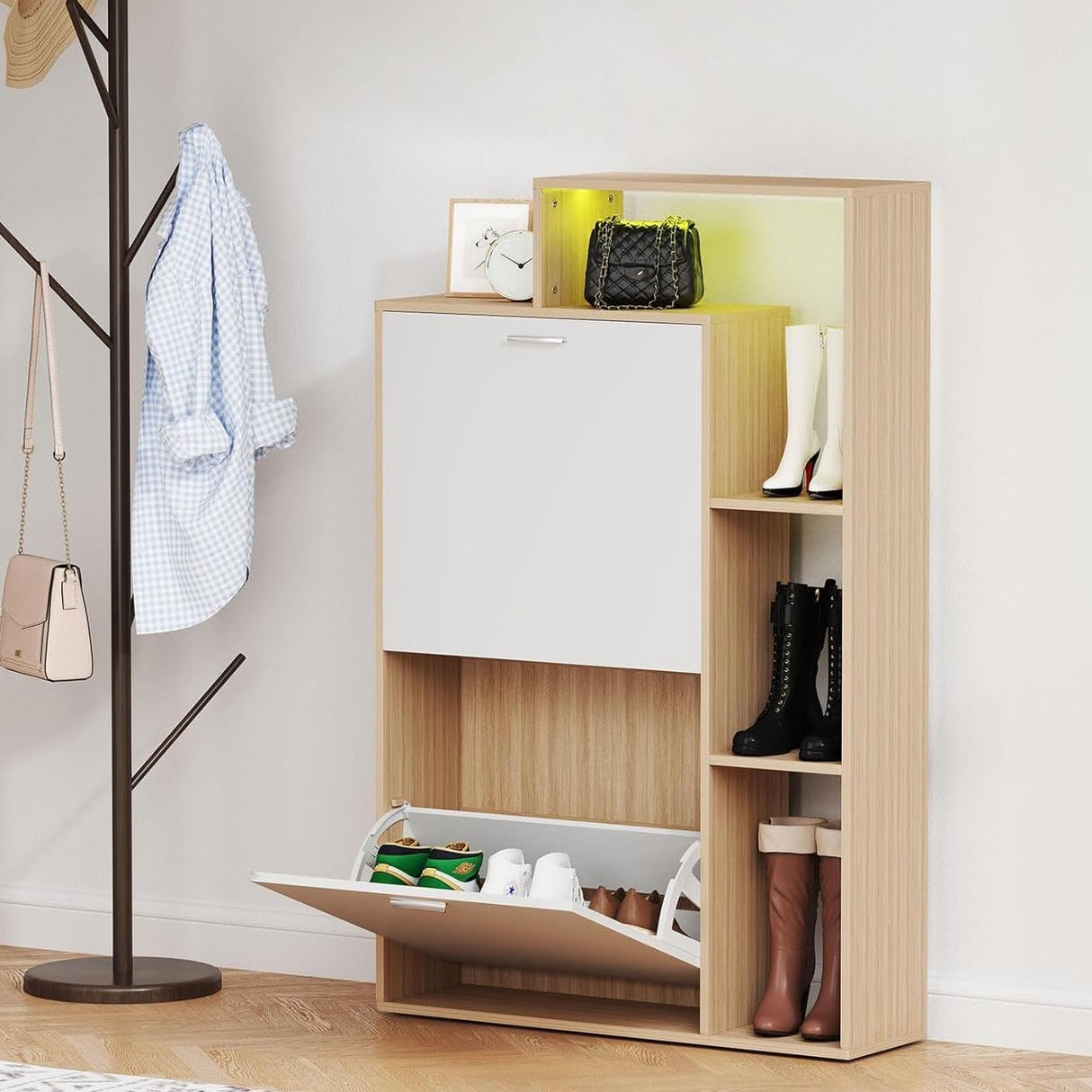 Bonzy Home Shoe Cabinet with 2 Flip Drawers, Modern Hidden Shoe Storage with LED Light, Freestanding Shoe Organizer Cabinet for Entryway, Hallway, Oak & White Bonzy Home