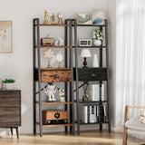 Furologee 5 Tier Ladder Shelf with Drawer, Tall Bookshelf Storage Shelves, Bookcase Standing Shelf Units, Industrial Open Display Shelves Organizer for Bedroom, Living Room, Kitchen, Rustic Brown Furologee