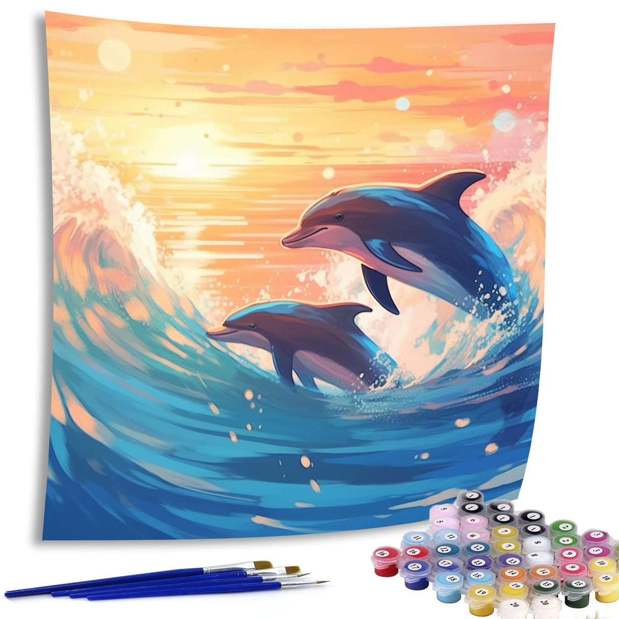 Diymood Paint by Numbers for Adults Dolphin, DIY Oil Painting Sunset Acrylic Paint by Number Kits for Kids Adults Beginner for Home Wall Decor 20x20 inch Diymood