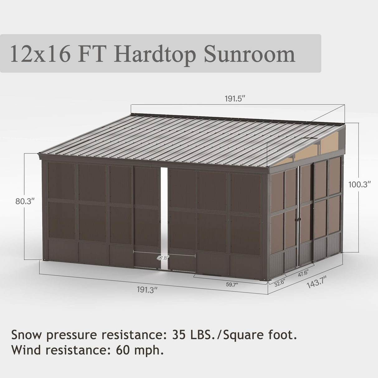 Domi 12x16FT Wall Mounted Sunroom,Solarium Aluminum Enclosed Gazebo with Hard Walls,Front Door&Side Entrance,Galvanized Steel Sloping Roof&Detachable PC Screen,Lean to Gazebo Sun Room for Patio Deck domi outdoor living