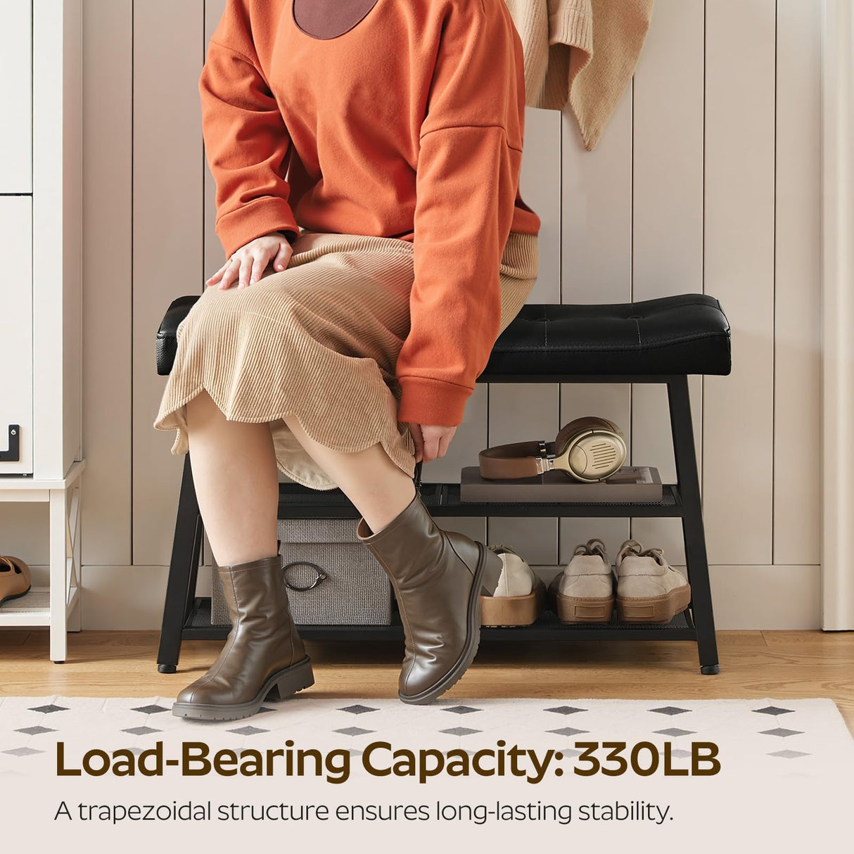 YATINEY Shoe Bench, 3-Tier Shoe Rack, Entryway Bench with Storage and Cushion, for Hallway, Foyer, Bedroom, Black HX02BB YATINEY