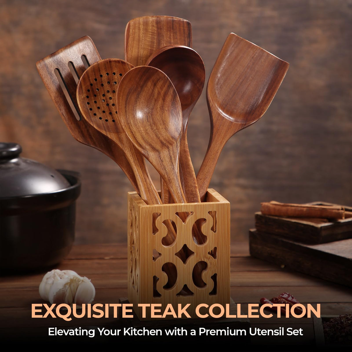 AIUHI Nonstick Natural Wooden Kitchen Utensils Set, Smooth Finish Teak Wood Spoons, Comfort Grip Spatula for Elaborate Cooking 6 PCS AIUHI