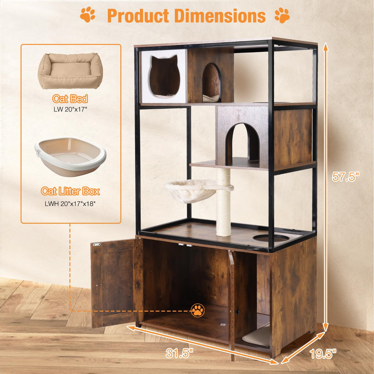 Cat Litter Box Enclosure,Hidden Litter Box Furniture with Metal Frame,Wooden Kitty House with Barn Door,Wooden Cat Washroom Furniture,Fit Most of Litter Box (Wood, M) Suumerpety